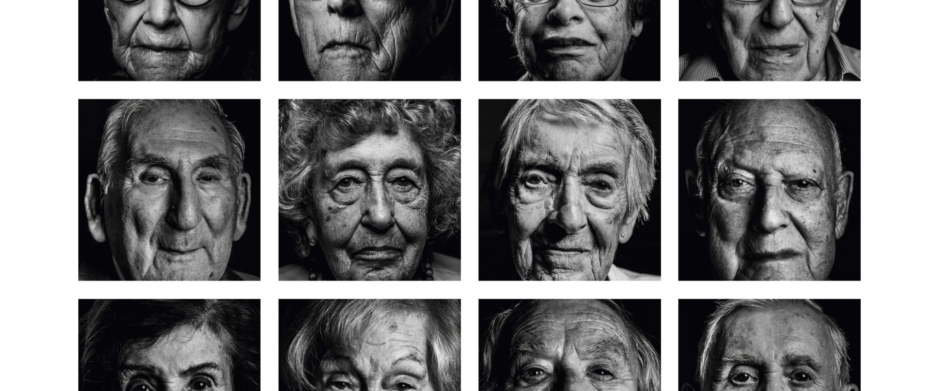 Header website image - Black and white photograph composite of Holocaust survivors who have participated in the My Voice Project.